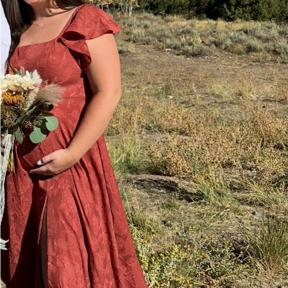 Elegant Rust Red Dress with Ruffle Sleeves